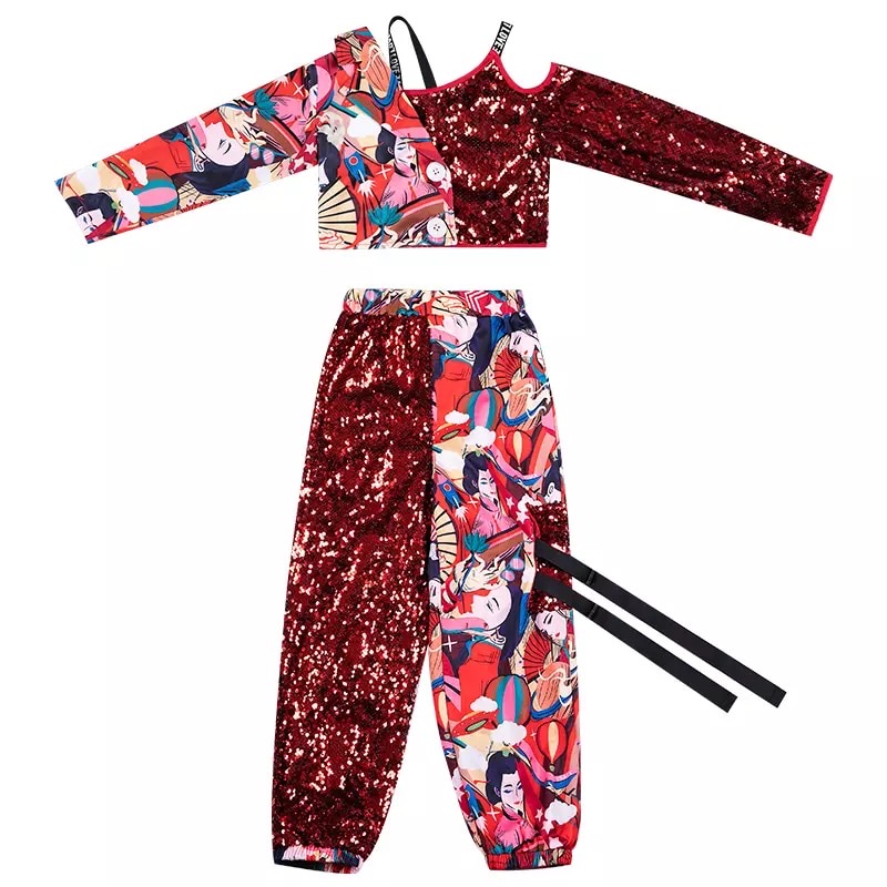 **พร้อมส่ง**ชุดเต้น ชุดฮิปฮอป เสื้อแขนยาว ปักเลื่อม พร้อมกางเกงขาขายาว