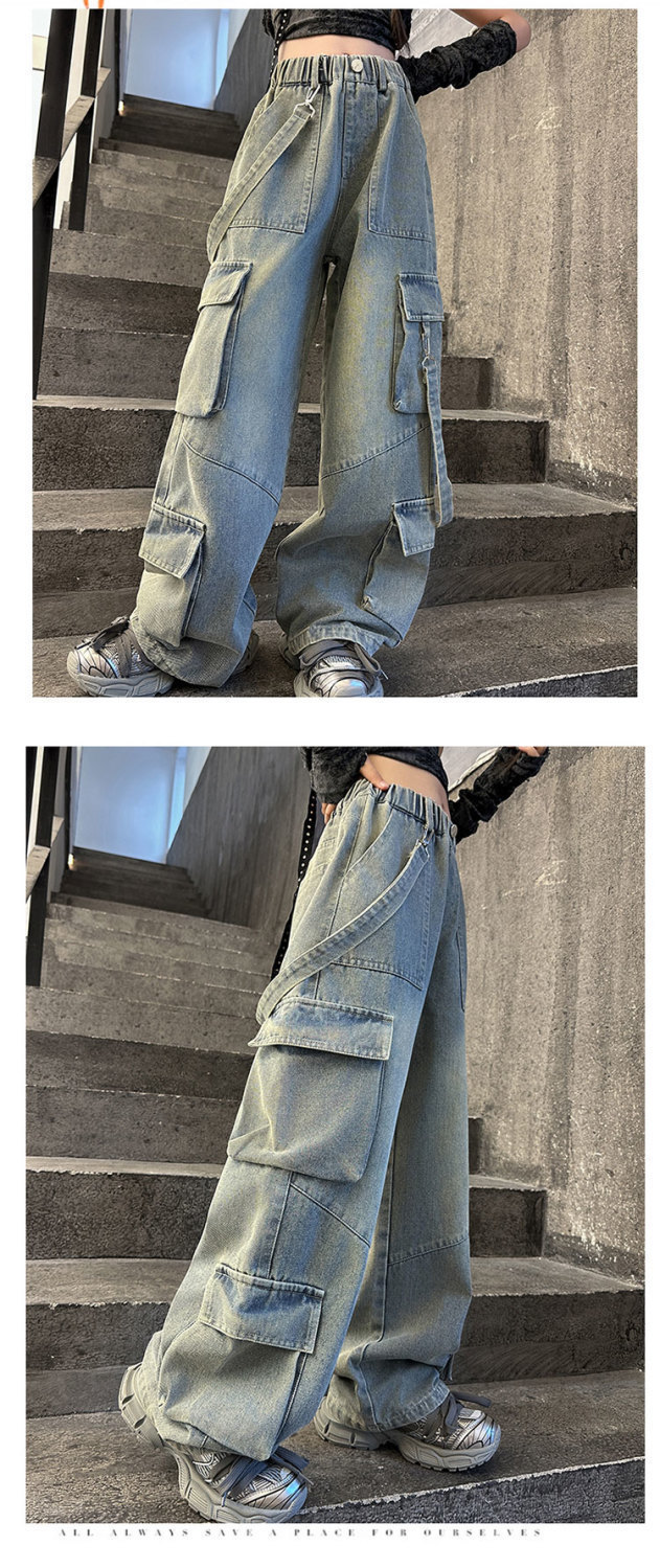 พร้อมส่ง กางเกงยีนส์เด็ก ยีนส์เด็กหญิง เกงคาร์โก้ ทรงขากระบอก แต่งลาย