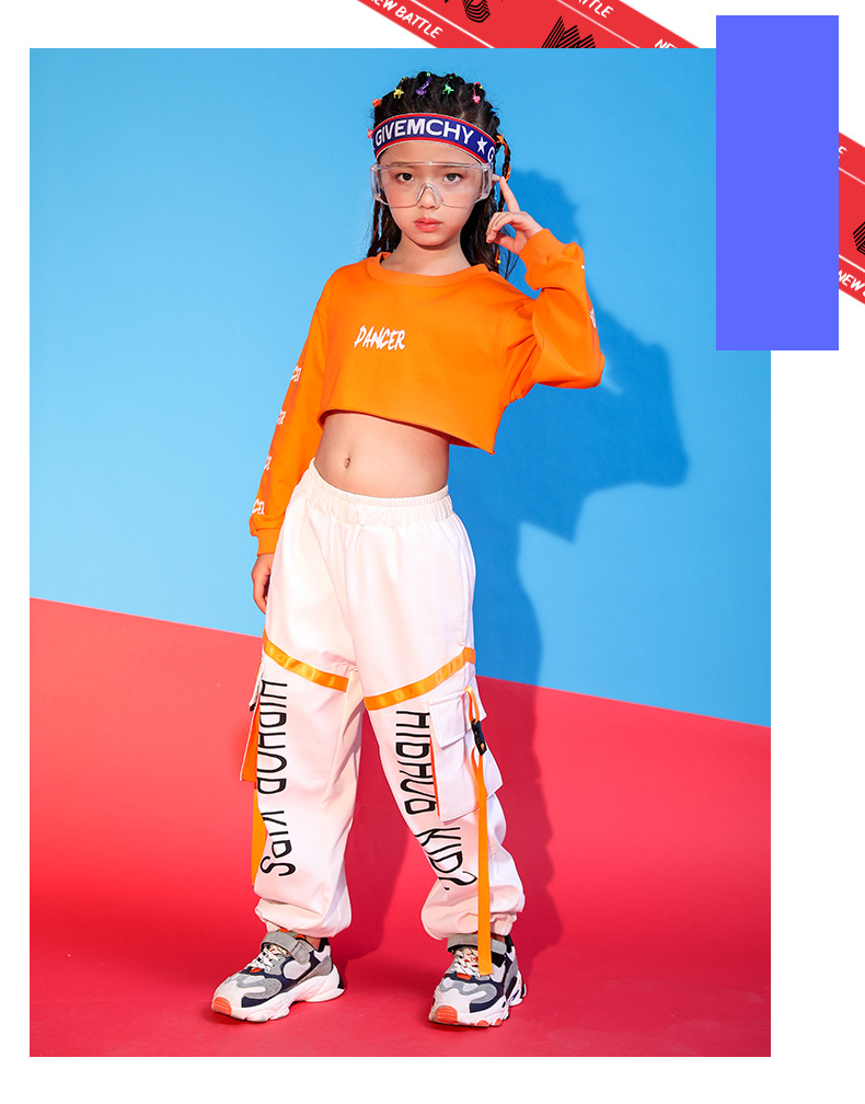 ชุดเต้น ชุดแดนซ์ เสื้อแขนยาวสีส้ม+กางเกงขายาว