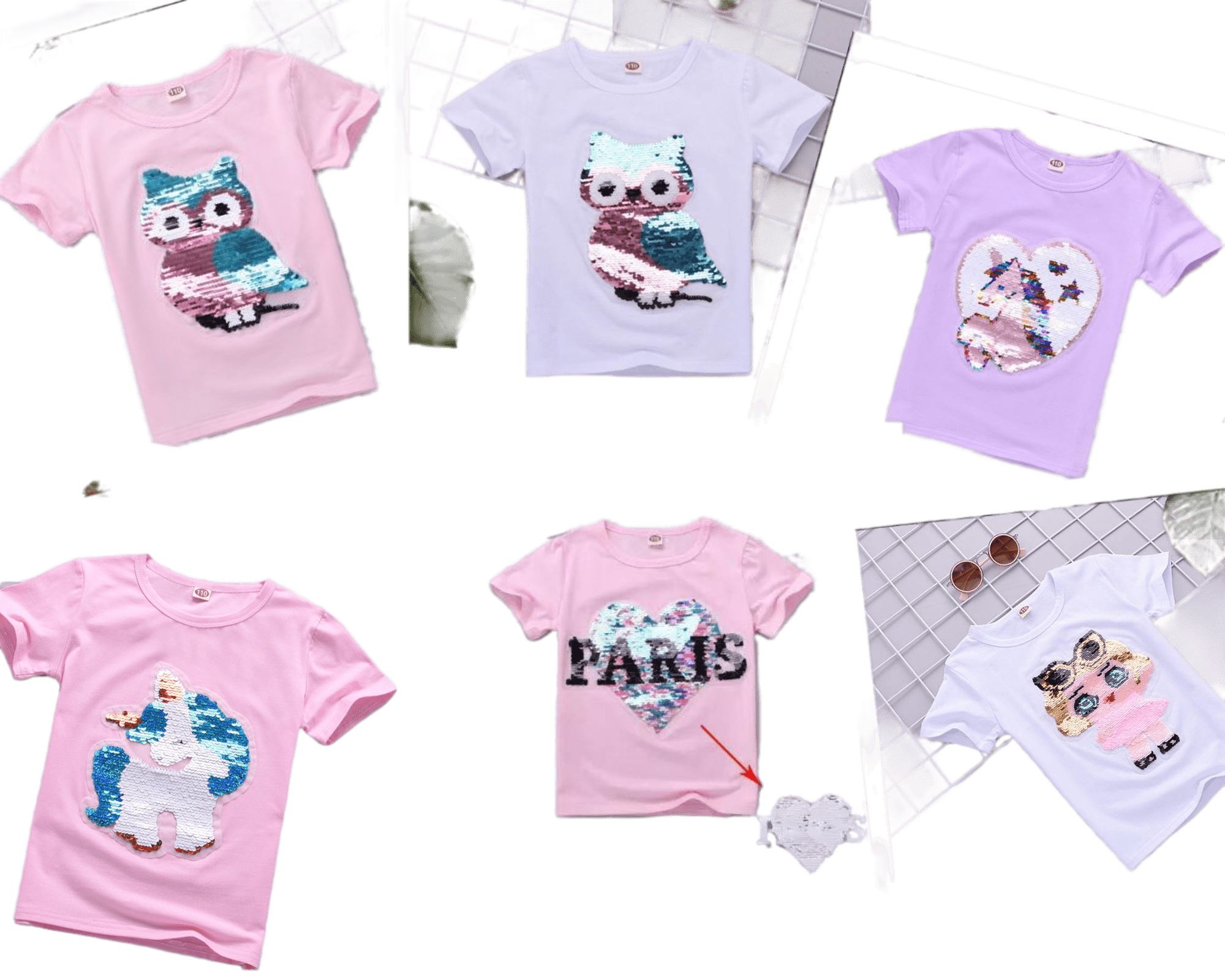 เสื้อเด็ก เสื้อยืด แขนสั้นปักเลื่อม ลายนกฮูกสีชมพู-ขาว