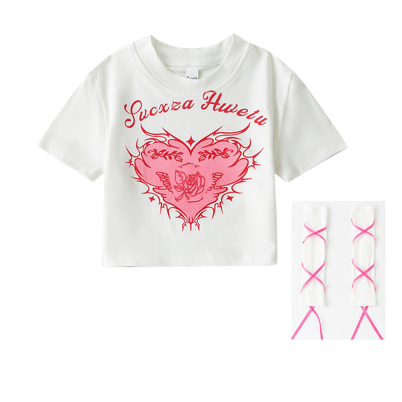 พร้อมส่ง ชุดเต้น เสื้อครอป แขนสั้น สกรีนลายหัวใจ+ถุงมือถักริบบิ้น