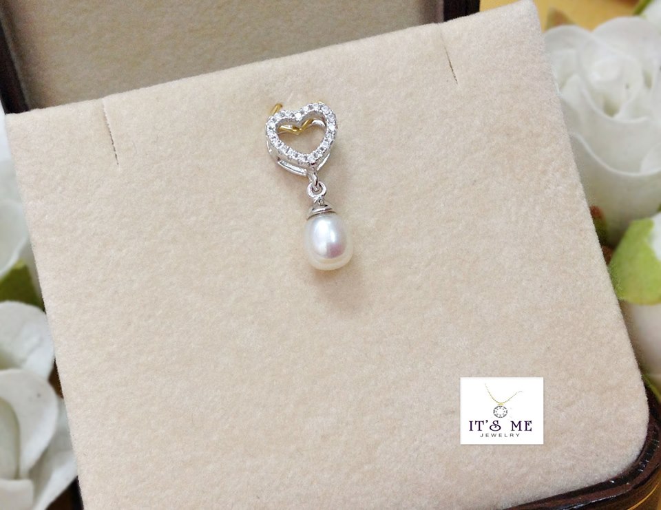 จี้เงินแท้ รูปหัวใจประดับเพชร cz ห้อยมุกแท้