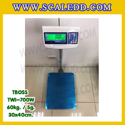เครื่องชั่งน้ำหนัก60กิโลกรัม เครื่องชั่งน้ำหนัก60kg เครื่องชั่งดิจิตอล60kg เครื่องชั่งตั้งพื้น ตาชั่ง60kg ความละเอียด5g ขนาดแท่นชั่ง30*40cm ยี่ห้อ TBOSS รุ่น TWI-700W (เครื่องชั่งผ่านตรวจรับรองจากสำนักชั่งตวงวัด)