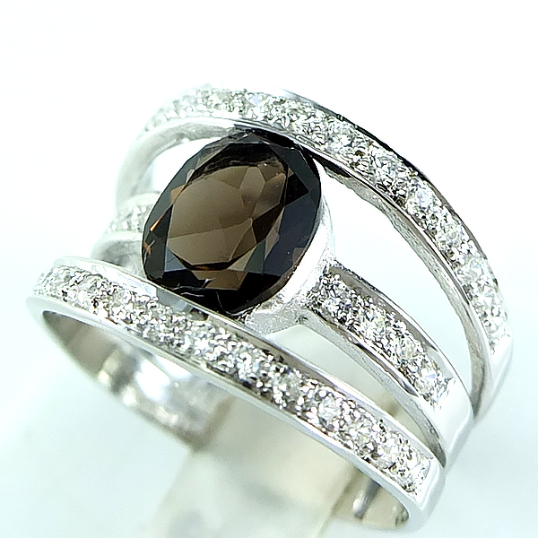 แหวนเงินแท้ราคาถูกชุบทองคำขาว พลอยแท้สโมกกี้ควอทซ์ 1.70 กะรัต เพชรCZ 0.57 กะรัต งานประณีตสวยงาม สั่งผลิตค่ะ