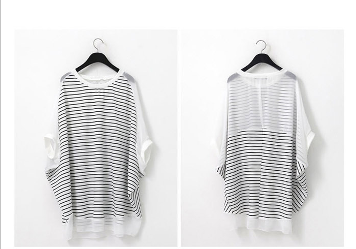 เสื้อยืดแฟชั่นเกาหลี เสื้อยืดทรงปีกค้างคาวลายริ้ว ผ้าคอตตอลผสมแขนเสื้อชีฟอง สวมใส่สบายฝุดๆ เก๋มากๆจ้า