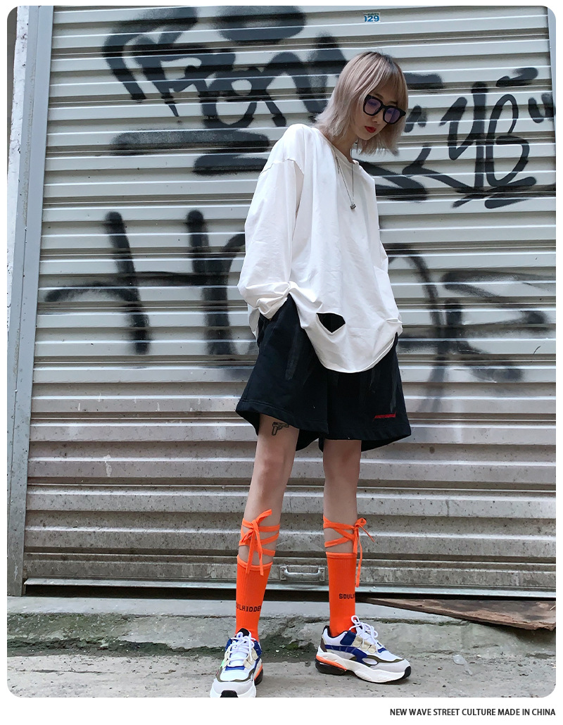 พร้อมส่ง ถุงเท้า เด็ก-ผู้ใหญ่ แบบยาว มีสายไขว้ ผูกข้อขา สีพื้น