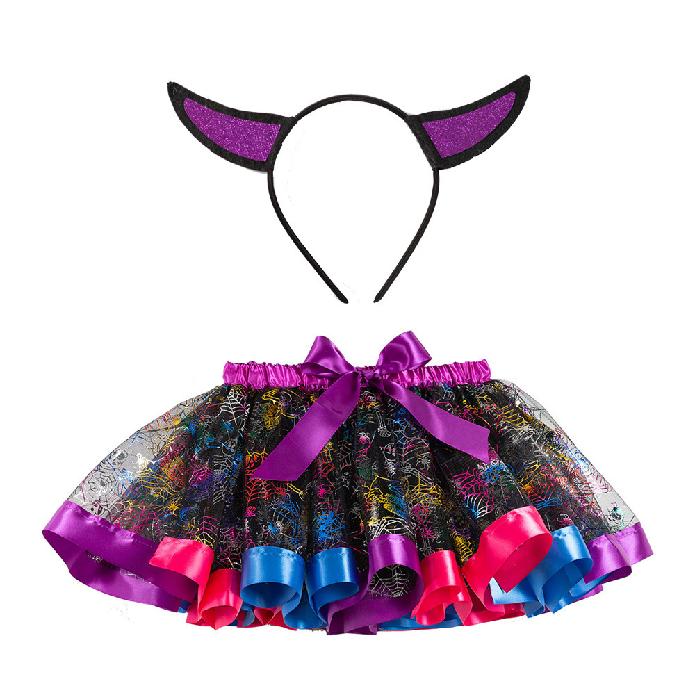 friendly4kid พร้อมส่ง ฮาโลวีน เสื้อยืดดำ / กระโปรงระบายแต่งโบว์เอว พร้อมที่คาดผม