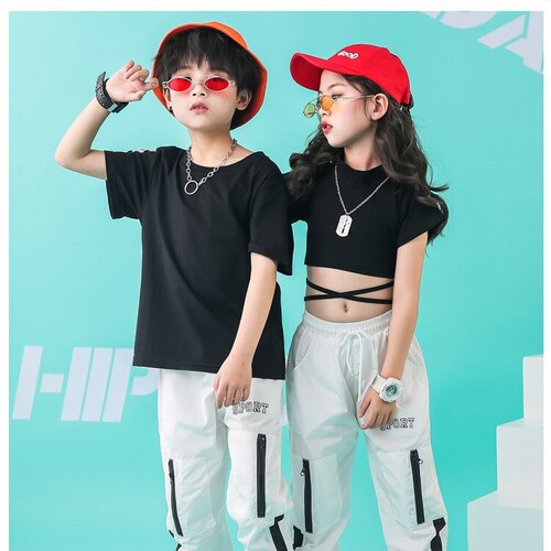 ชุดเต้น ชุดแดนซ์ เสื้อเอวลอยสีดำ+กางเกงขายาวสีขาว