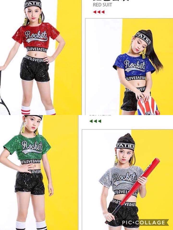 ชุดเต้น เสื้อแขนสั้น ปักเลื่อม Rocket +กางเกงขาสั้น สีดำ