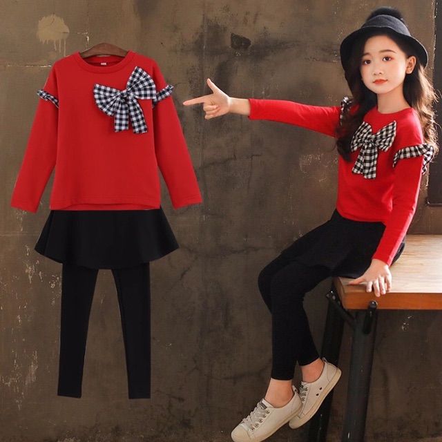 กันหนาว :ชุดเซ็ตเสื้อแขนยาว สีชมพู+เลกกิ้งกระโปรง