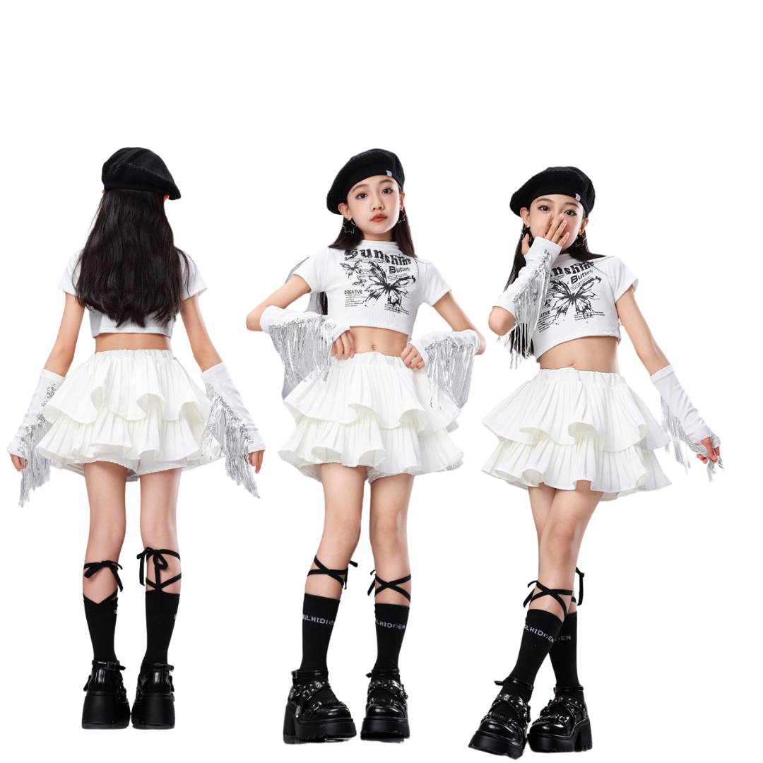 พร้อมส่ง ***ชุดเต้น เสื้อครอป แขนสั้น+กระโปรง พร้อมปลอกแขน ลายเสือ ลายผีเสื้อ ลายสก๊อต