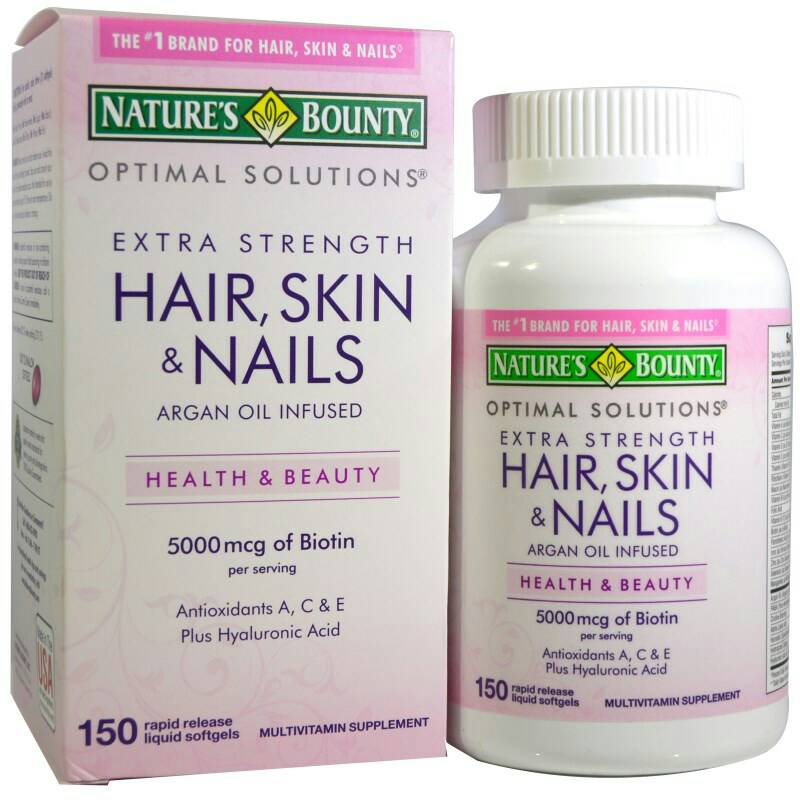 Nature's Bounty, Optimal Solutions, Hair, Skin & Nails, Extra Strength,150 Rapid Release Liquid Softgels ประกอบด้วยหลากหลายวิตามินรวมเพื่อสุขภาพที่ดีของผิว ผมและเล็บโดยเฉพาะ