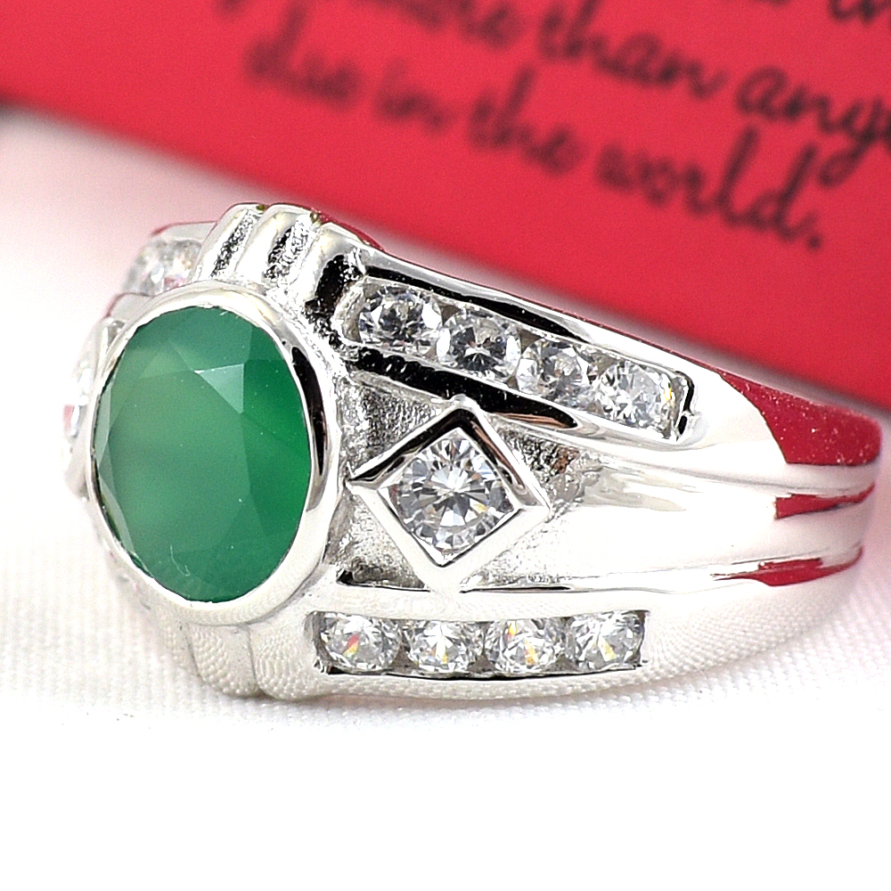 แหวนเงินแท้ราคาถูกชุบทองคำขาว พลอยแท้กรีนอะเกท 1.94 กะรัต เพชรCZ 0.437 กะรัต งานประณีตสวยงาม สั่งผลิตค่ะ