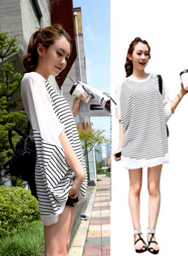 เสื้อยืดแฟชั่นเกาหลี ทรงปีกค้างคาวลายริ้ว แขนเสื้อชีฟอง รหัส 1073-สีขาว