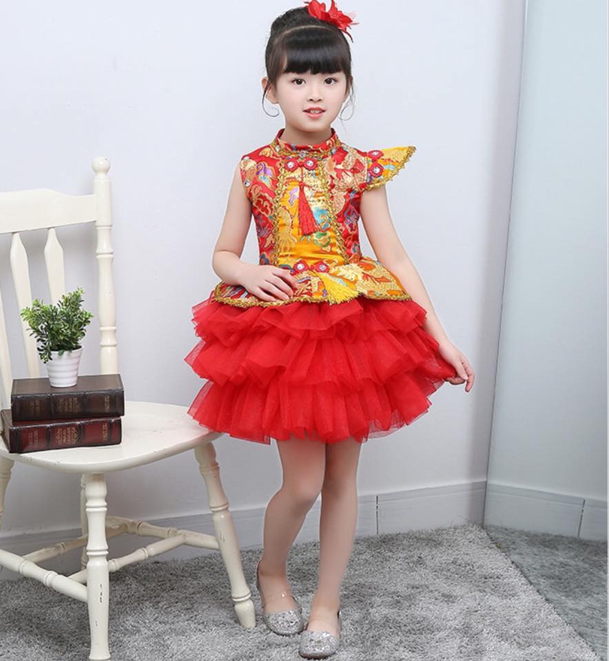 พร้อมส่ง ชุดจีน กี่เพ้า แขนสั้น กระโปรงพองฟู ชุดประกวดจีน