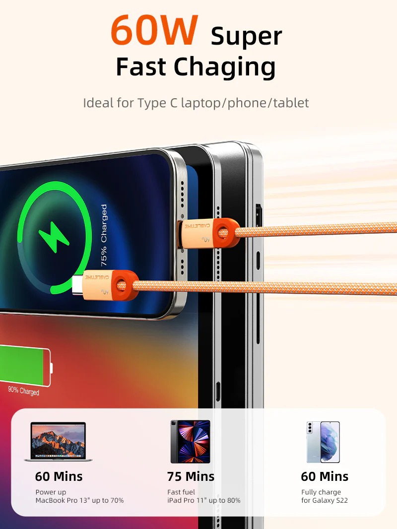 60W Super Fast Charging USB-C Cable by Cabletime