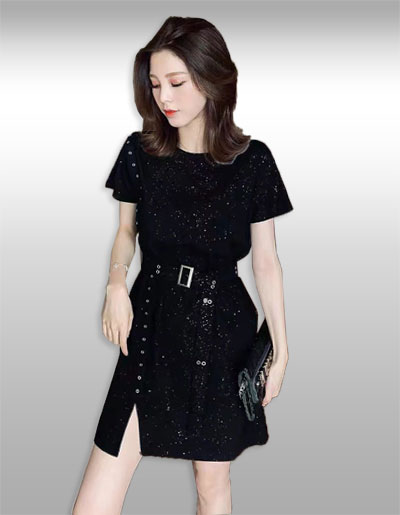 ชุดเดรสแฟชั่นสีดำแต่งกลิตเตอร์วิบวับปาร์ตี้ได้เลยจ้า รหัส 2296