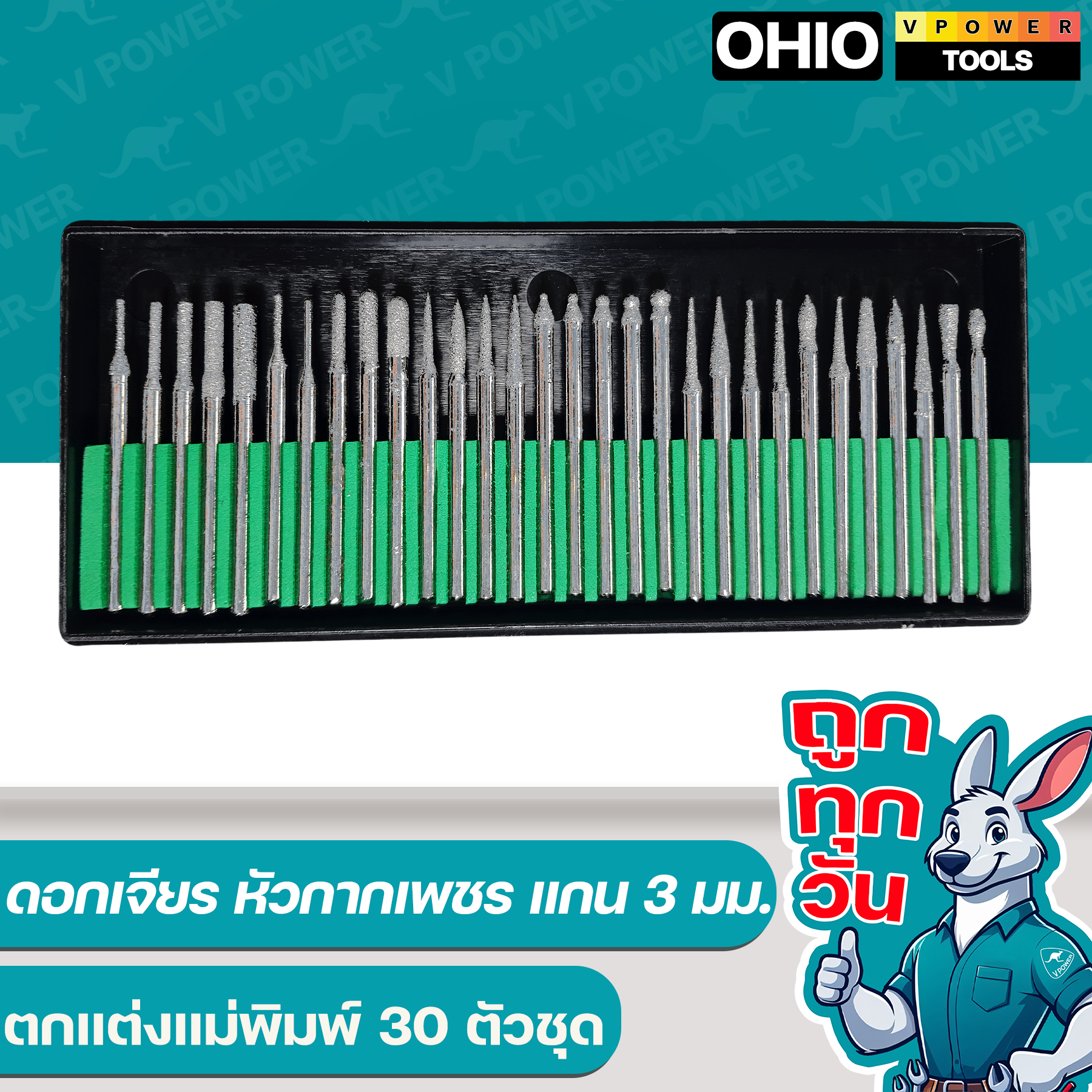 ดอกเจียร หัวกากเพชร แกน 3 มม. ตกแต่งแม่พิมพ์ 30 ตัวชุด