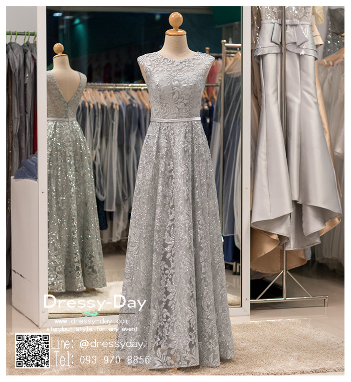 รหัส ชุดราตรี : PFL043A ชุดราตรียาว แขนกุด สีเทาเงิน ใส่ออกงานบายเนียร์ งานพรอม ไปงานแต่งงานกลางคืน งานเดินพรหมแดง งานกาล่าดินเนอร์