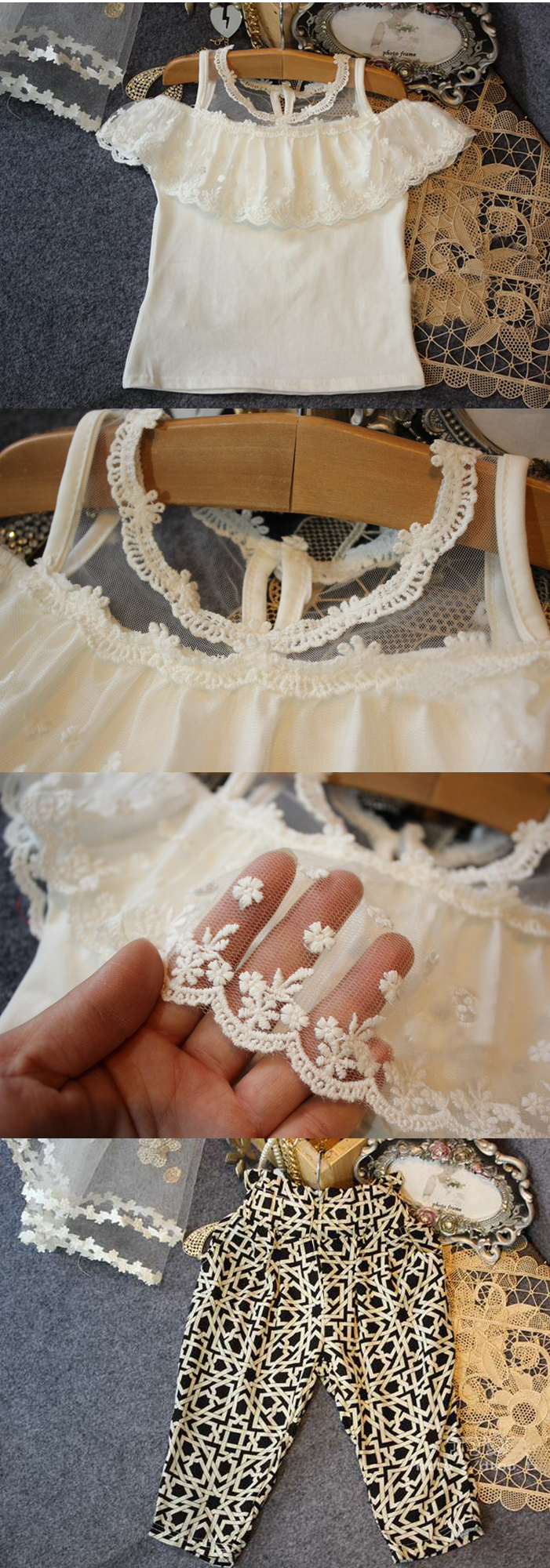 ชุดเซ็ตเสื้อสีขาซีทรู +กางเกงลาย