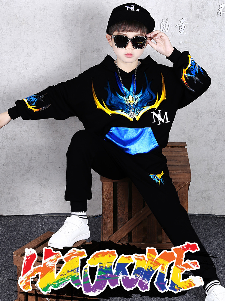 ชุดเต้น ชุดฮิปฮอปแขนยาวสีดำ-แดง ลายฟ้า