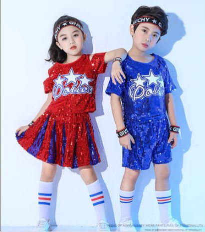 ชุดเต้นหญิง เสื้อแขนสั้นแดง+กระโปรงแดง ปักเลื่อม