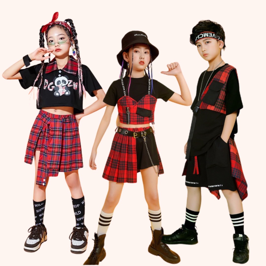 ชุดเต้น ชุดเชียร์ เซ็ท สีดำแดง ลายสก๊อต แขนสั้น+กระโปรง