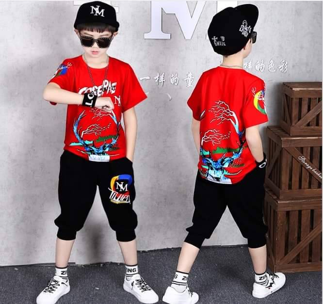 ชุดเต้น Street dance เสื้อแขนสั้นสีแดง+กางเกงดำ