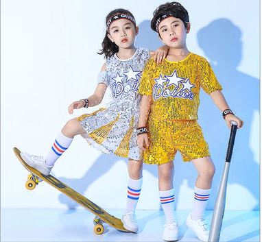 F ชุดเต้น ปักเลื่อม เซ็ตเสื้อ+กางเกง สีทอง+คาดผม
