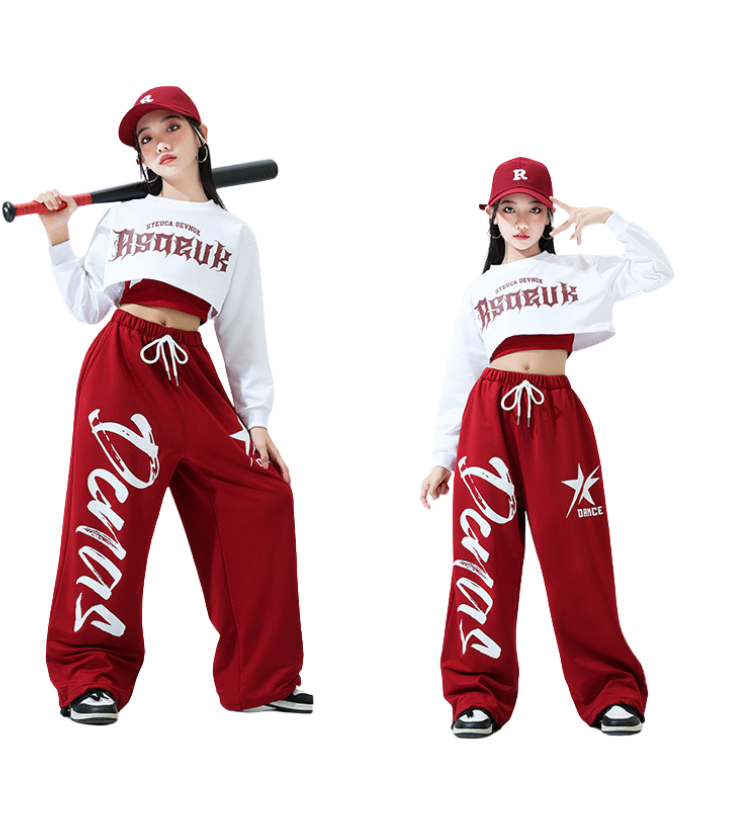 พร้อมส่ง ชุดเต้น เสื้อเปิดไหล่+กางเกงคาร์โก้ แดงไวน์