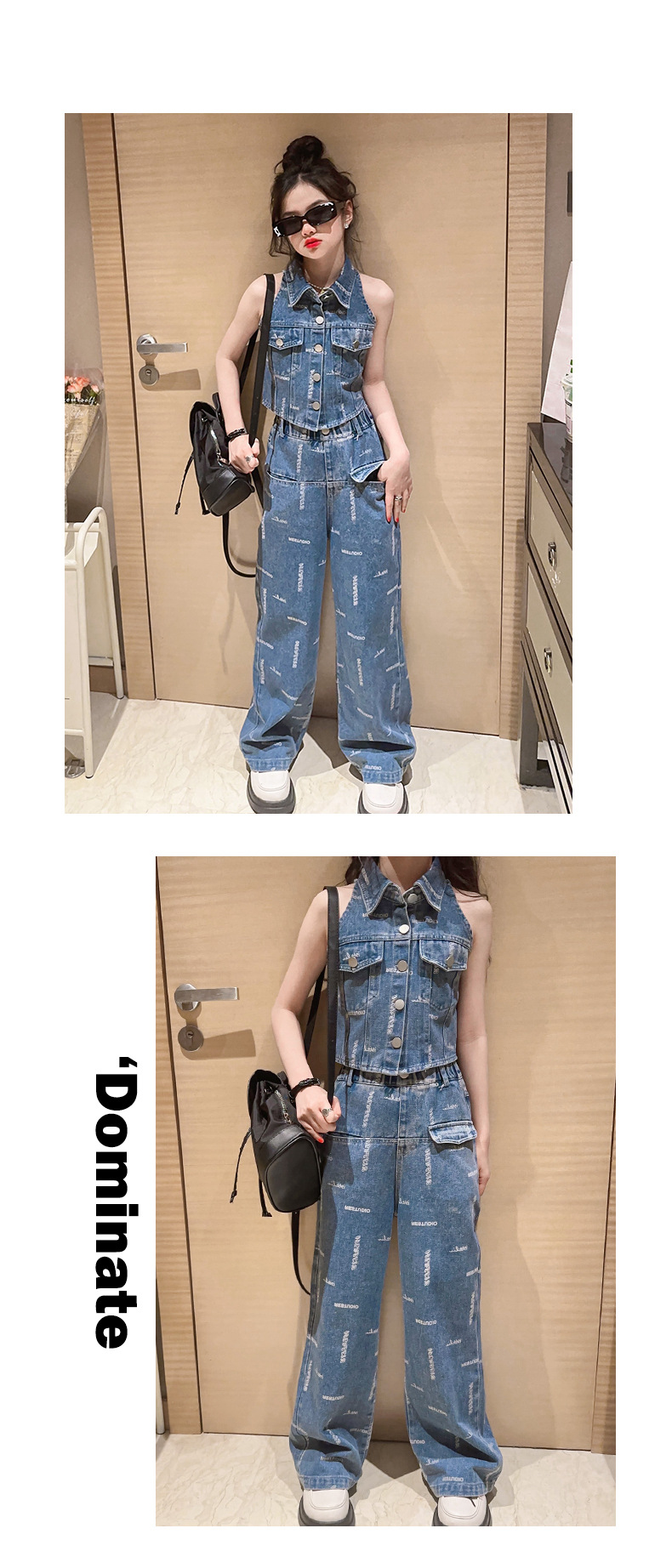 ชุดเด็ก ชุดยีนส์ ชุดเสื้อแขนกุด เปิดหลัง +กางเกงยีนส์ขายาว ลายอักษร