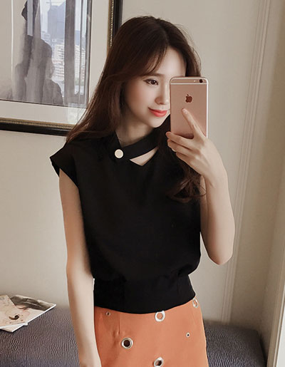 เสื้อโชคเกอร์แฟชั่นแขนกุด แบบน่ารักสไตล์เกาหลี รหัส 1486-สีดำ