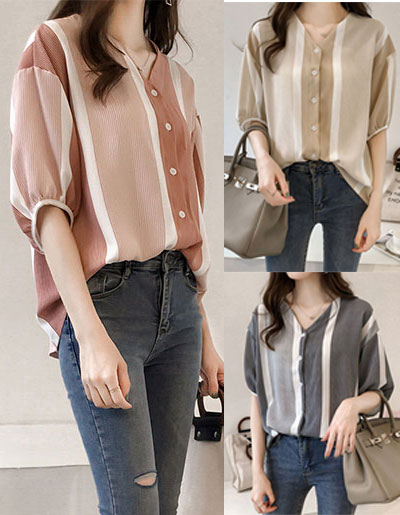 เสื้อแฟชั่นคอวี แต่งลายตรง แบบน่ารักสไตล์เกาหลี มี 3 สี รหัส 1899