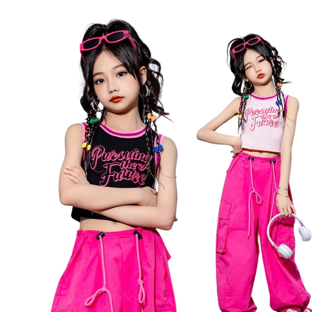 ชุดเต้น เสื้อแขนกุด+กางเกงคาร์โก้สีชมพู เอวผูก