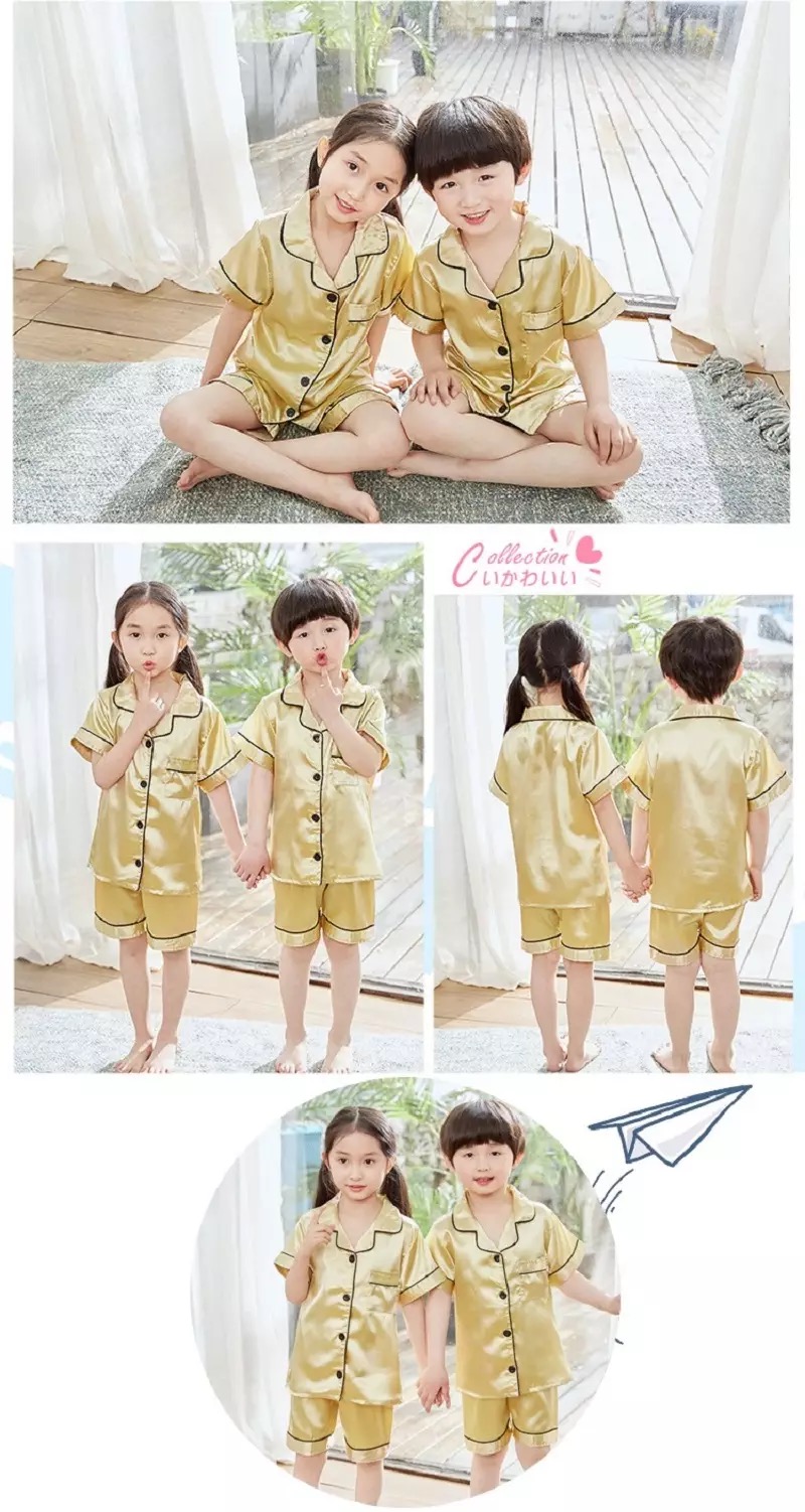 พร้อมส่ง ชุดนอนเด็ก ชุดนอนซาติ เซ็ท2ชิ้น เสื้อแขนสั้น+กางเกงขาสั้น