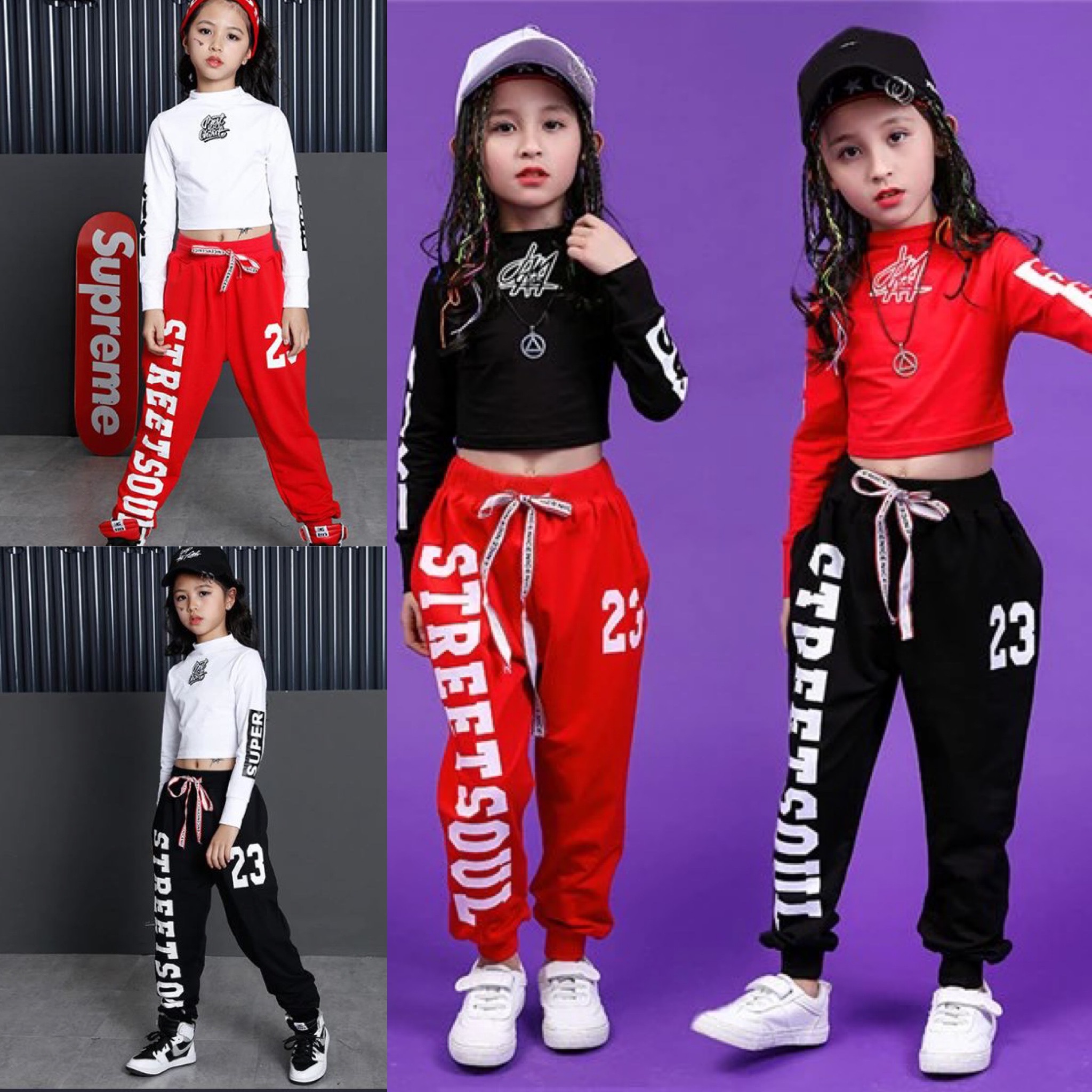 พร้อมส่ง ชุดเต้น ชุดฮิปฮอป สีขาวแขนยาวสีแดง+กางเกง