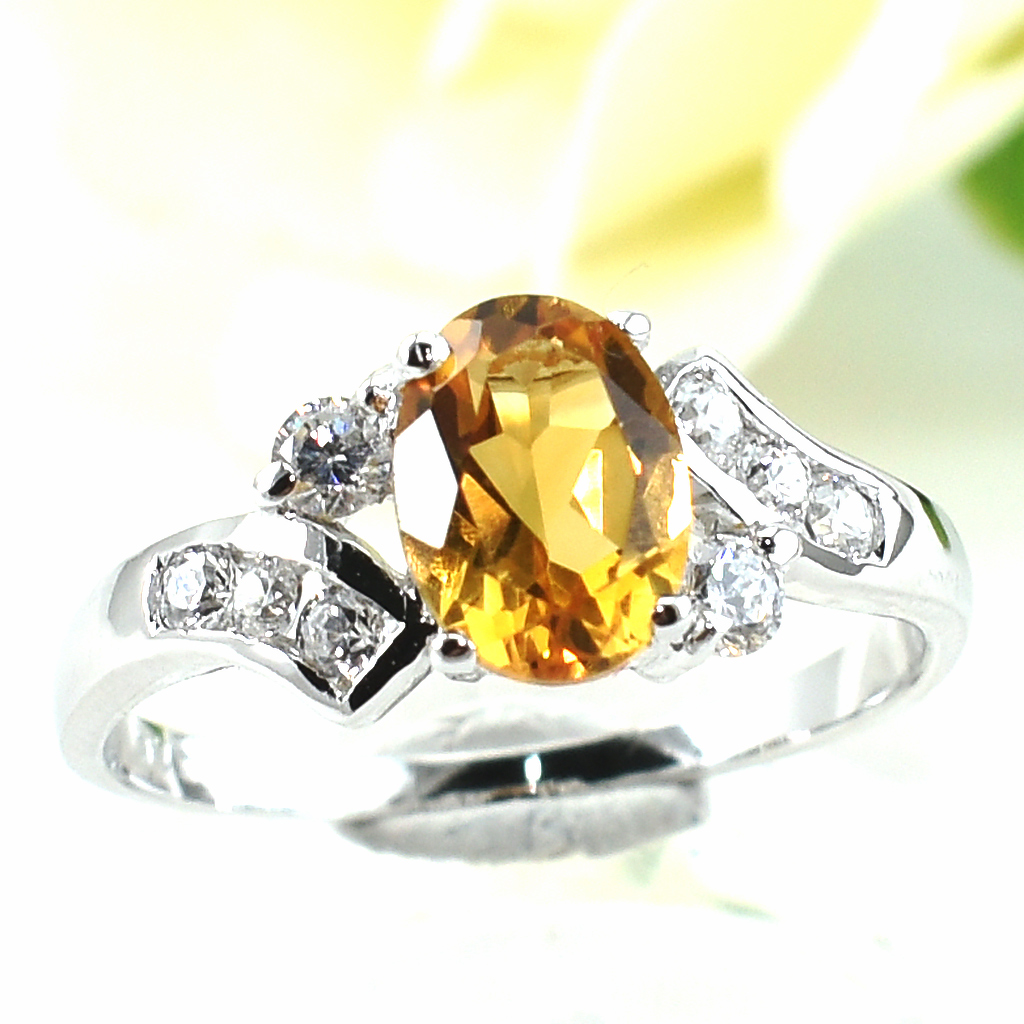 แหวนเงินแท้ราคาถูกชุบทองคำขาว ซิทรินแท้ 1.25 กะรัต เพชรCZ 0.21 กะรัต งานประณีตสวยงาม สั่งผลิตค่ะ