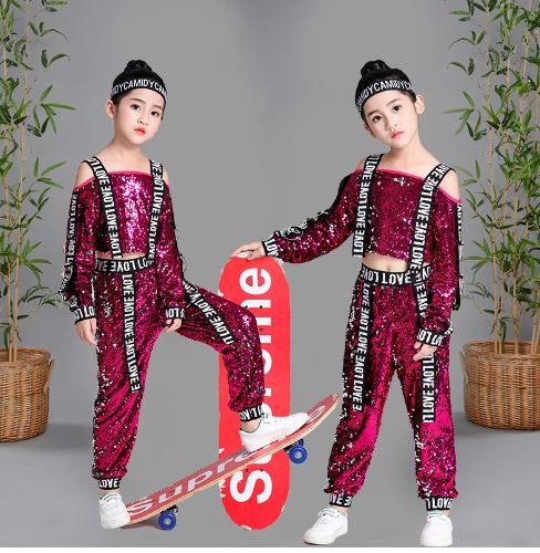 **พร้อมส่ง**ชุดเต้น ชุดฮิปฮอป เสื้อแขนยาว ปักเลื่อม พร้อมกางเกงขาขายาว