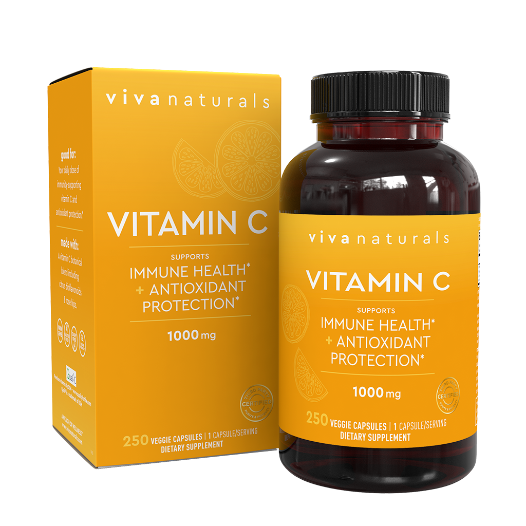 Viva Naturals Vitamin C 1000mg (250 Capsules) - Non-GMO Vitamin C Supplements with Citrus Bioflavonoids & Rose Hips for Immune Support & Antioxidant Protection
