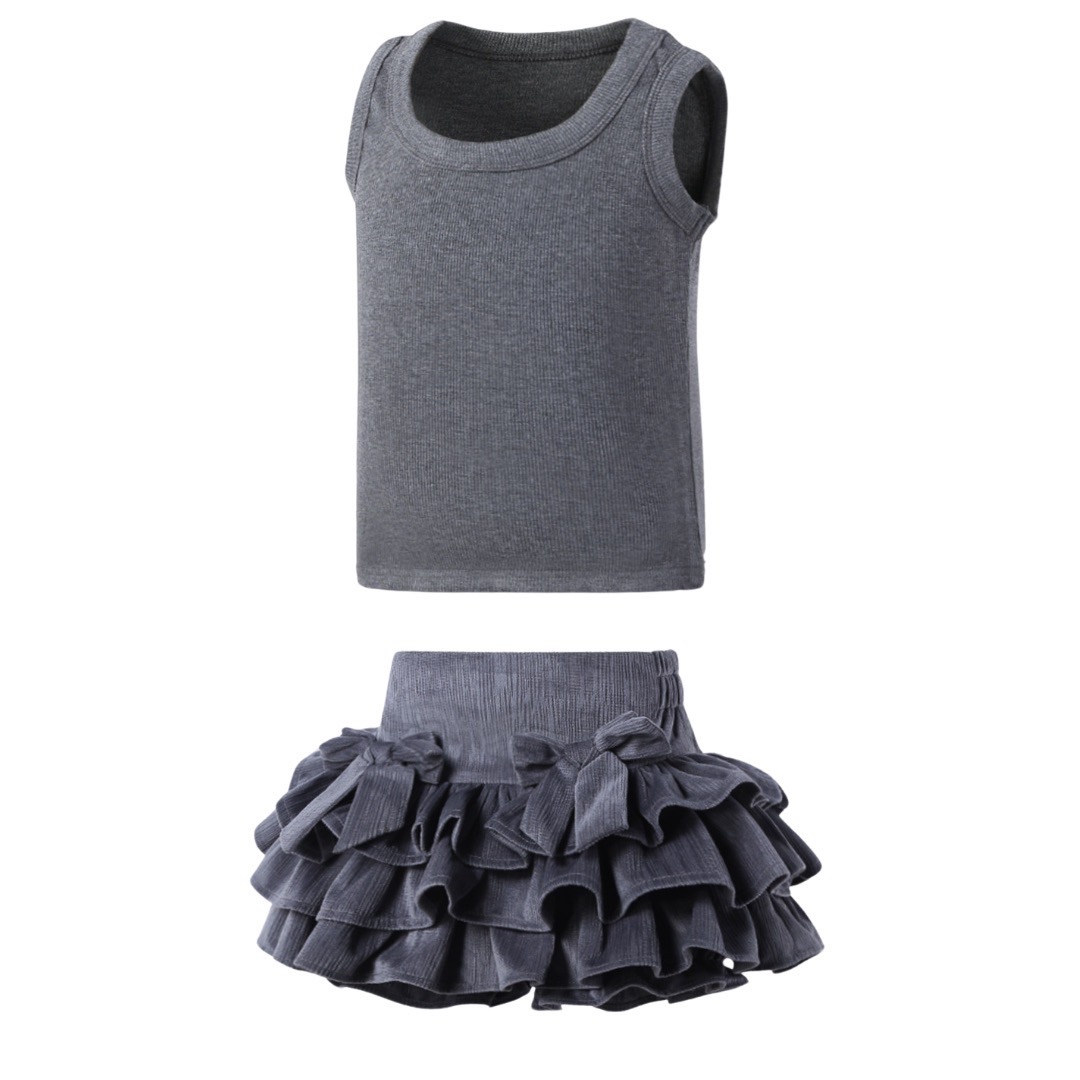 กระโปรง เด็กผู้หญิง ทรงขนมชั้น สีพื้น มีซับระบายชั้นติดโบว์