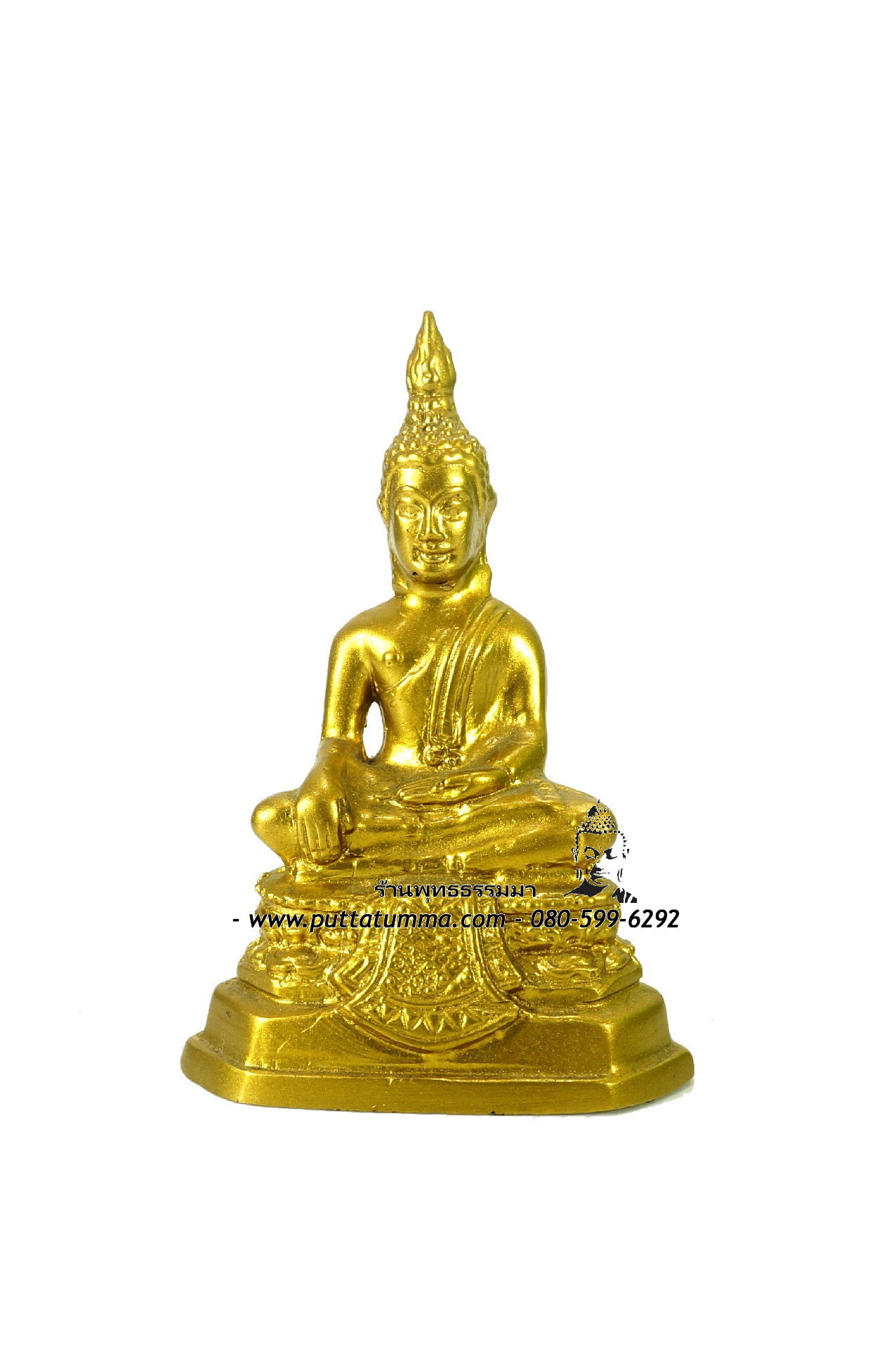 พระพุทธรูปปางมารวิชัย เนื้อโลหะ พ่นทอง หน้าตัก 2 นิ้ว สูง 3.5 นิ้ว