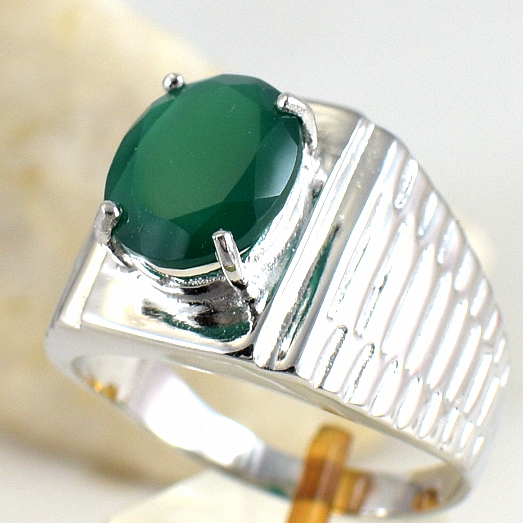 แหวนเงินแท้ราคาถูกชุบทองคำขาว พลอยแท้กรีนอะเกท 3.15 กะรัต งานประณีตสวยงาม สั่งผลิตค่ะ