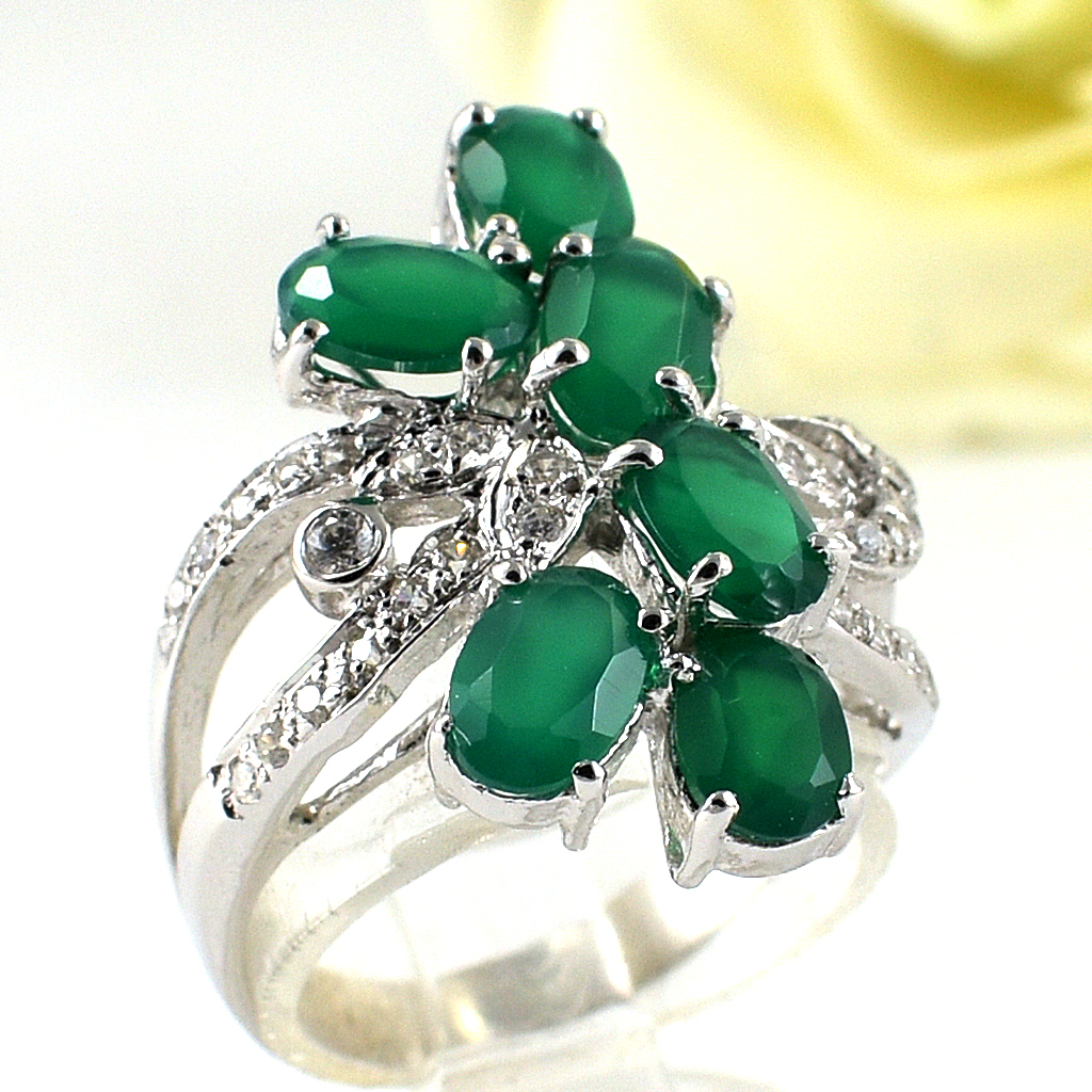 แหวนเงินแท้ราคาถูกชุบทองคำขาว พลอยแท้กรีนอะเกท 2.60 กะรัต เพชรCZ 0.225 กะรัต งานประณีตสวยงาม สั่งผลิตค่ะ