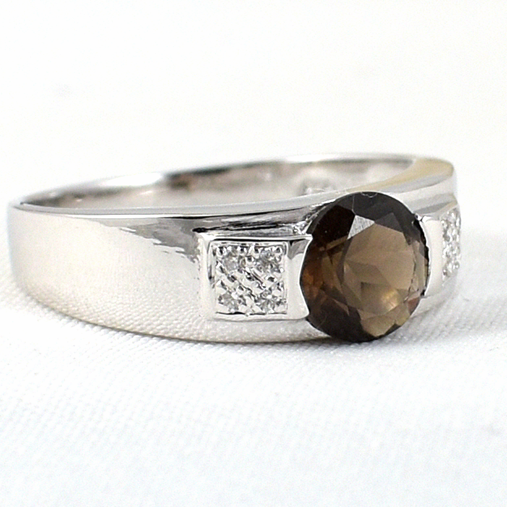 แหวนเงินแท้ราคาถูกชุบทองคำขาว พลอยแท้สโมกกี้ควอทซ์ 1.0 กะรัต เพชรCZ 0.056 กะรัต งานประณีตสวยงาม สั่งผลิตค่ะ