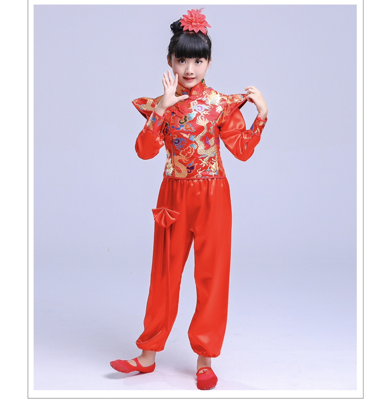 ชุดจีน กี่เพ้าแขนกุด แขนยาว+กางเกง สีแดง-สีเหลือง