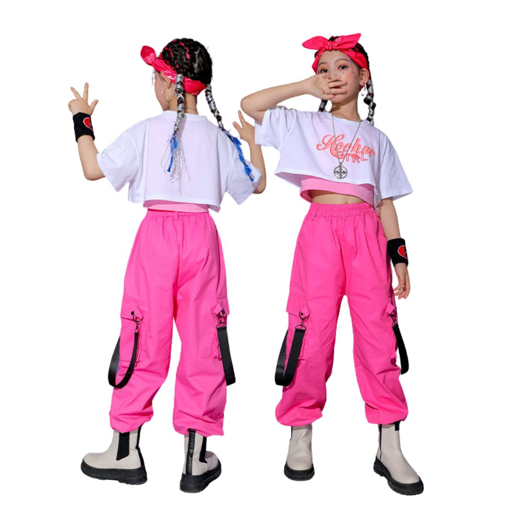 พร้อมส่ง ชุดเต้น ชุดแดนซ์ เสื้อสีขาว+กางเกงขายาว/กระโปรง สีชมพู