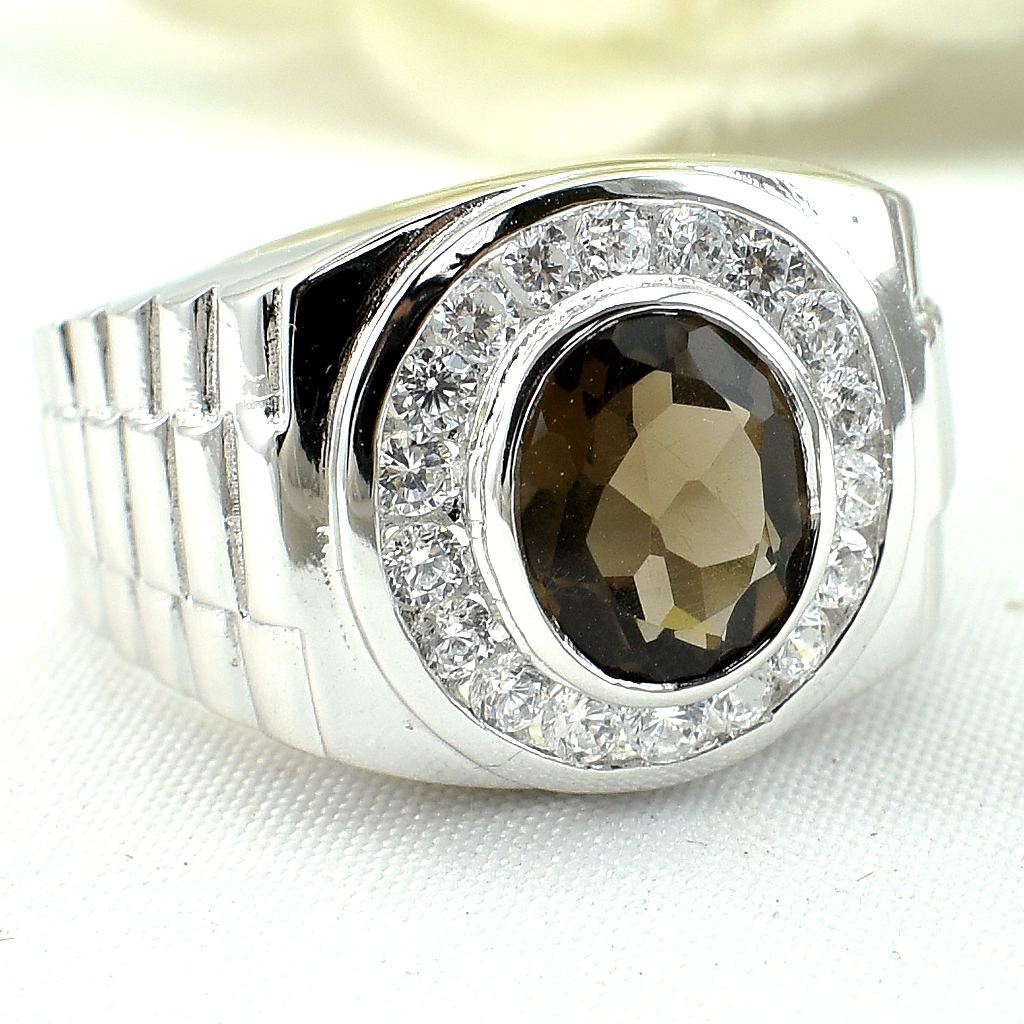 แหวนเงินแท้ราคาถูกชุบทองคำขาว พลอยแท้สโมกกี้ควอทซ์ 2.25 กะรัต เพชรCZ 0.54 กะรัต งานประณีตสวยงาม สั่งผลิตค่ะ
