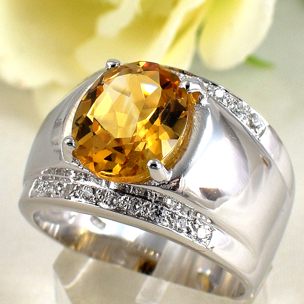 แหวนเงินแท้ราคาถูกชุบทองคำขาว ซิทรินแท้ 3.50 กะรัต เพชรCZ 0.18 กะรัต งานประณีตสวยงาม สั่งผลิตค่ะ