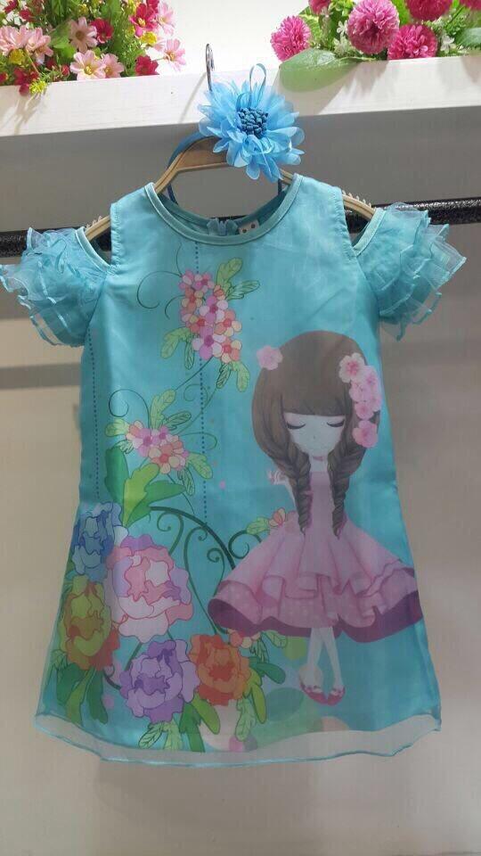 F-ชุดเด็ก : เดรสเปิดไหล่ แขนระบาย ลายการ์ตูน