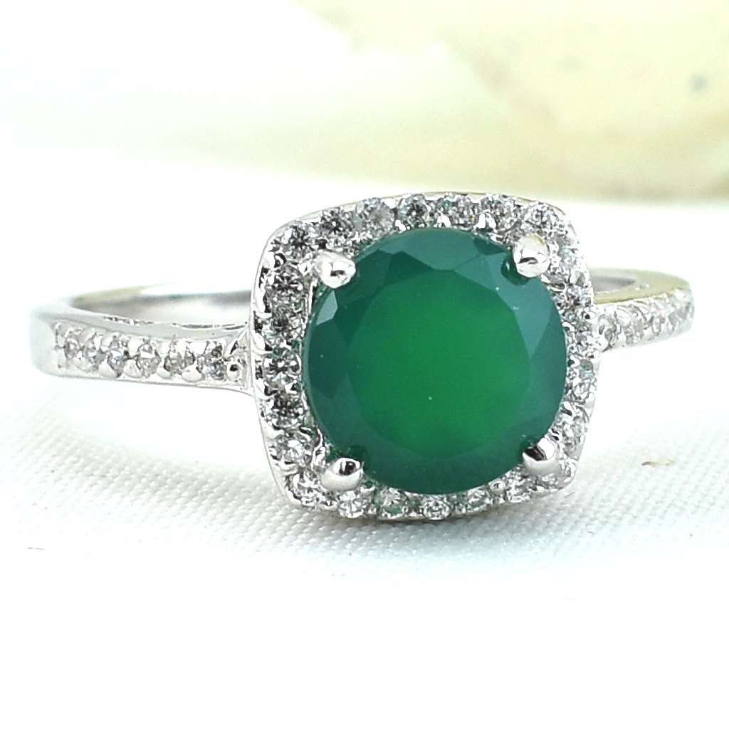 แหวนเงินแท้ราคาถูกชุบทองคำขาว พลอยแท้กรีนอะเกท 1.20 กะรัต เพชรCZ 0.252 กะรัต งานประณีตสวยงาม สั่งผลิตค่ะ